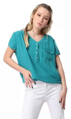 54413 V-Neck Short Sleeves Blouse With Elastic Trim - Sea Green