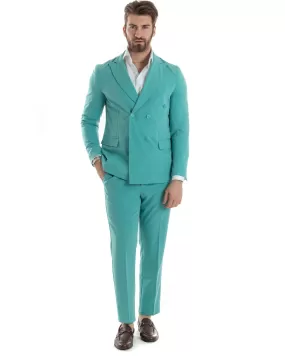 Abito Uomo Doppiopetto Vestito Completo Giacca Pantaloni Verde Acqua Tinta Unita Elegante Casual GIOSAL-AE1040A