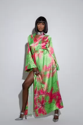 Acacia Silky Satin Printed Kimono- Lime