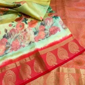 Beautiful Latest Designer Digital Floral Print Fancy Silk Saree