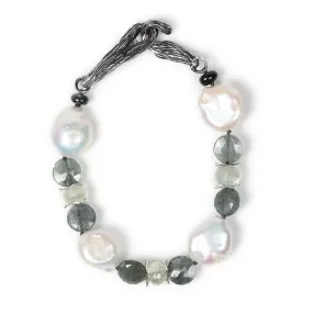 Ceylon Moonstone, Pearl, Moss Aqua, and Silver Bracelet