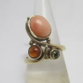 Coral Peridot & Citrine 9k Gold Ring Vintage 2006