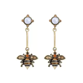 Enamel Bee Dangle Golden Alloy Vintage Earrings