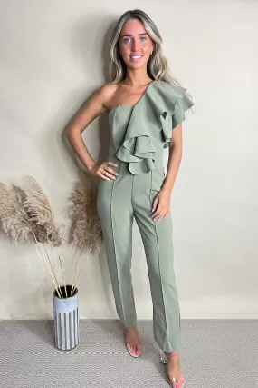 Sage Green One Shoulder Ruffle Jumpsuit