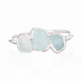 Triple Raw Aquamarine Ring in Sterling Silver, Smooth Stones